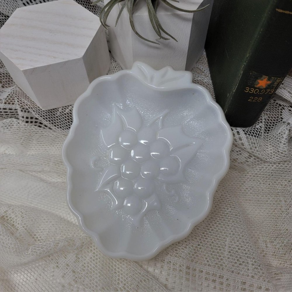 Vintage Milk Glass Dish w Grape Design